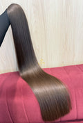 Cabelo humano natural loiro escuro liso 103cm 202g — mega hair peça única CWB, vista de trás