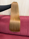 Cabelo humano natural loiro claro liso 60cm 164g — mega hair peça única CWB, vista de trás