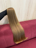 Cabelo humano natural loiro claro liso 63cm 168g — mega hair peça única CWB, vista de trás