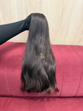 Cabelo humano natural castanho médio ondulado 54cm 114g — mega hair peça única CWB, vista de trás