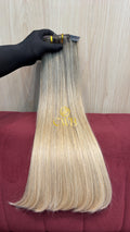 Cabelo humano natural loiro descolorido liso 52cm 98g — mega hair peça única CWB, vista de trás