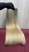 Cabelo humano natural loiro descolorido liso 50cm 127g — mega hair peça única CWB, vista de trás