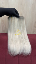Cabelo humano natural loiro descolorido liso 35cm 67g — mega hair peça única CWB, vista de trás