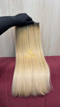 Cabelo humano natural loiro descolorido liso 50cm 147g — mega hair peça única CWB, vista de trás