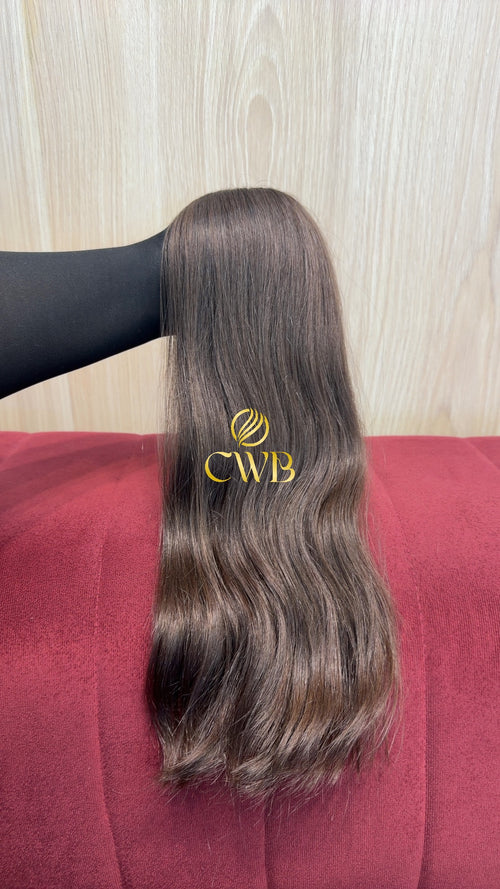 Cabelo humano natural castanho médio ondulado 48cm 112g — mega hair peça única CWB, vista de trás