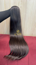 Cabelo humano natural castanho claro ondulado 68cm 125g — mega hair peça única CWB, vista de trás