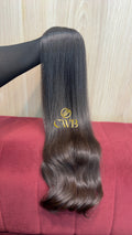 Cabelo humano natural castanho escuro ondulado 65cm 134g — mega hair peça única CWB, vista de trás