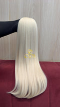 Cabelo humano natural loiro descolorido global liso 56cm 142g — mega hair peça única CWB, vista de trás