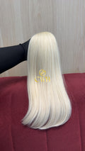 Cabelo humano natural loiro descolorido global liso 42cm 84g — mega hair peça única CWB, vista de trás
