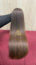 Cabelo humano natural loiro escuro liso 55cm 177g — mega hair peça única CWB, vista de trás