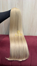 Cabelo humano natural loiro descolorido dourado liso 71cm 129g — mega hair peça única CWB, vista de trás
