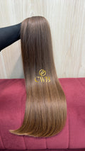 Cabelo humano natural loiro médio liso 64cm 180g — mega hair peça única CWB, vista de trás