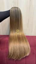 Cabelo humano natural loiro descolorido moreno iluminado liso 73cm 197g — mega hair peça única CWB, vista de trás