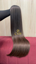 Cabelo humano natural castanho claro liso 72cm 179g — mega hair peça única CWB, vista de trás