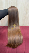 Cabelo humano natural loiro claro liso 58cm 122g — mega hair peça única CWB, vista de trás