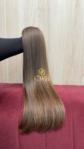 Cabelo humano natural loiro médio liso 64cm 165g — mega hair peça única CWB, vista de trás