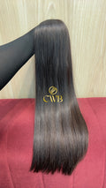 Cabelo humano natural castanho escuro liso 57cm 187g — mega hair peça única CWB, vista de trás