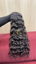 Cabelo humano natural castanho escuro ondulado 53cm 125g — mega hair peça única CWB, vista de trás