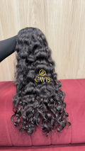 Cabelo humano natural castanho escuro ondulado 60cm 228g — mega hair peça única CWB, vista de trás