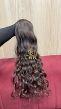 Cabelo humano natural castanho médio ondulado 53cm 89g — mega hair peça única CWB, vista de trás