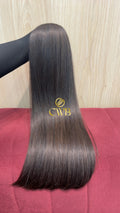 Cabelo humano natural castanho médio liso 57cm 164g — mega hair peça única CWB, vista de trás