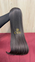 Cabelo humano natural castanho médio liso 60cm 126g — mega hair peça única CWB, vista de trás