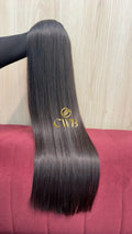 Cabelo humano natural castanho médio liso 68cm 256g — mega hair peça única CWB, vista de trás
