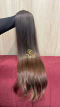 Cabelo humano natural castanho claro liso 65cm 102g — mega hair peça única CWB, vista de trás