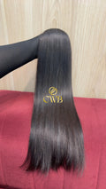 Cabelo humano natural castanho escuro liso 56cm 141g — mega hair peça única CWB, vista de trás