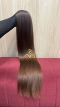 Cabelo humano natural castanho claro liso 71cm 134g — mega hair peça única CWB, vista de trás