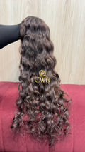 Cabelo humano natural castanho médio ondulado 61cm 123g — mega hair peça única CWB, vista de trás