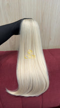 Cabelo humano natural loiro descolorido raiz esfumada liso 50cm 88g — mega hair peça única CWB, vista de trás