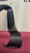Cabelo humano natural castanho escuro 84cm 135g — mega hair peça única CWB, vista de trás
