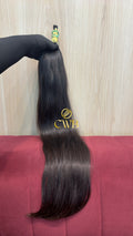 Cabelo humano natural castanho escuro 76cm 91g — mega hair peça única CWB, vista de trás