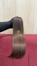 Cabelo humano natural castanho claro 40cm 18g — mega hair peça única CWB, vista de trás