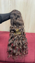 Cabelo humano natural castanho médio ondulado 57cm 114g — mega hair peça única CWB, vista de trás