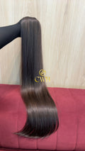 Cabelo humano natural castanho claro liso 77cm 114g — mega hair peça única CWB, vista de trás
