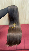 Cabelo humano natural castanho claro liso 64cm 149g — mega hair peça única CWB, vista de trás
