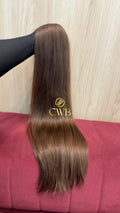 Cabelo humano natural castanho claro liso 71cm 136g — mega hair peça única CWB, vista de trás