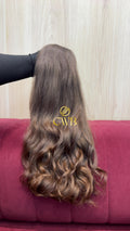Cabelo humano natural loiro escuro ondulado 52cm 181g — mega hair peça única CWB, vista de trás