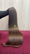 Cabelo humano natural loiro médio liso 67cm 90g — mega hair peça única CWB, vista de trás
